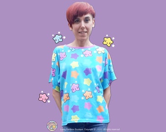 Turquoise All over Stars TShirt, Rainbow Star Batwing Top, Kawaii Clothing, Summer Tops for Teens, Cute Shirt for Women, Kidcore Clothes