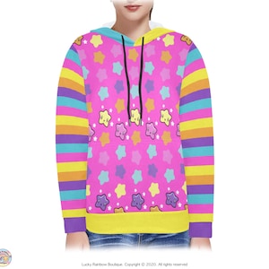 Sudadera con capucha de estrella rosa brillante, suéter con estrellas y rayas de arcoíris, ropa Decora Kei, sudadera retro, ropa Kidcore, sudaderas de invierno para adolescentes