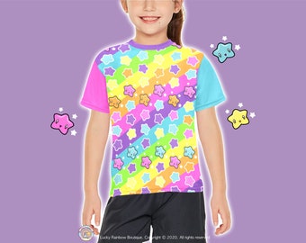 Kids Childrens Rainbow TShirt, Kawaii Clothing, All Over Star Shirt, Girls Top, Boys T-Shirt, Decora Kei Clothes, Rainbow Gifts