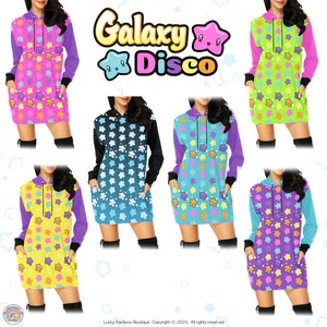 May include: Six different colourful hooded dresses with a galaxy disco theme. Each dress features a repeating pattern of cartoon stars with smiling faces. The dresses are available in pink, green, blue, yellow, and purple.