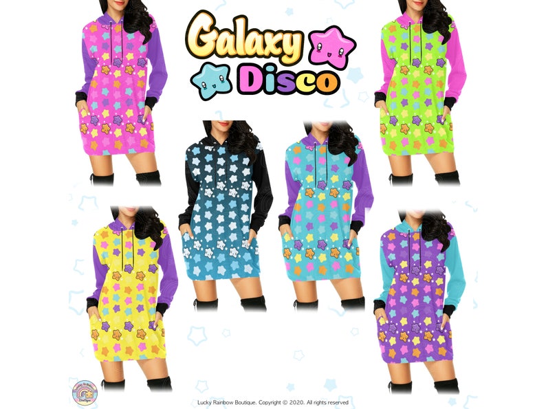 May include: Six different colourful hooded dresses with a galaxy disco theme. Each dress features a repeating pattern of cartoon stars with smiling faces. The dresses are available in pink, green, blue, yellow, and purple.
