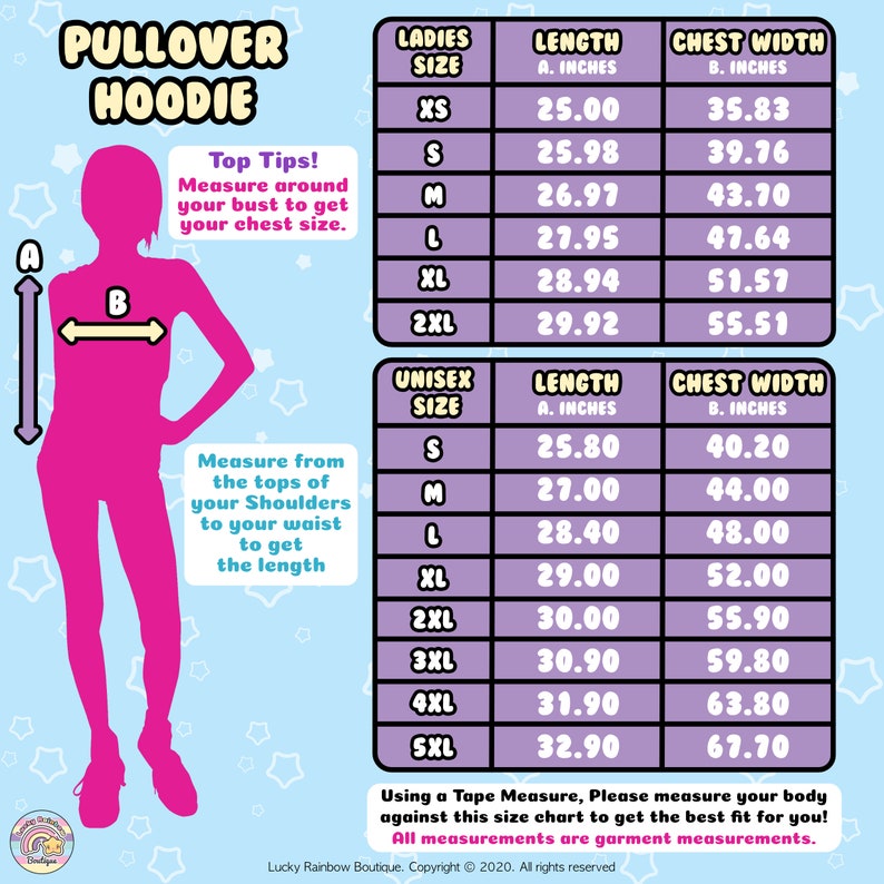 Classic Hoodie Adult Size Chart. Lucky Rainbow Boutique