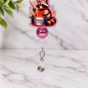 Funny Raccoon Badge Reel, Stirring the Pot Beaded ID Holder