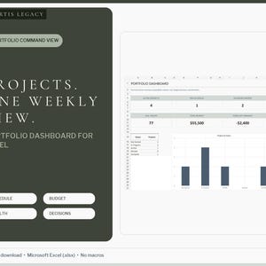 May include: A digital portfolio dashboard for Microsoft Excel featuring a dark green sidebar with the text Martis Legacy, Portfolio Command View, 30 Projects. One Weekly View. Portfolio Dashboard for Excel, Schedule, Budget, Health, and Decisions.