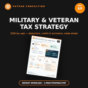 May include: A digital document titled Military & Veteran Tax Strategy for the 2026 tax year. The page features sections on deductions, credits, and exclusions, with charts detailing taxable and tax-free income, tax limits, and a checklist for claiming.