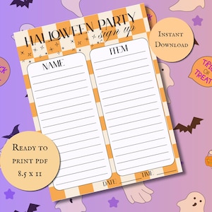 May include: A Halloween party sign-up sheet with an orange and white checkered background featuring small star icons. The document includes columns for name and item, with text reading HALLOWEEN PARTY sign up, INSTANT DOWNLOAD, and READY TO PRINT PDF 8.5 x 11.