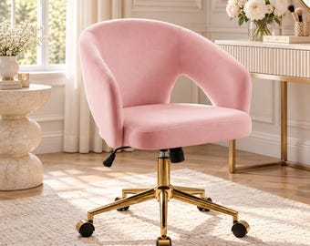 Velvet Swivel Chair, Adjustable Vanity Office Chair, Gold Base Desk Chair for Bedroom Home Office
