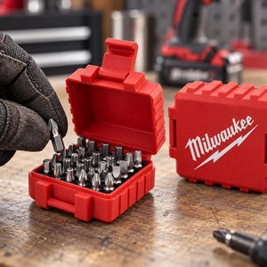 May include: A red plastic storage case containing a set of silver metal screwdriver bits, with a second identical closed red case featuring the white Milwaukee logo printed on the front, and one bit being held by a gloved hand.