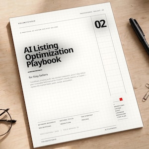 May include: A white document titled AI Listing Optimization Playbook for Etsy Sellers with a grid pattern background. The document features black text, a large number 02 in the top right corner, and a small red square icon. A black pen and paper clips are nearby.