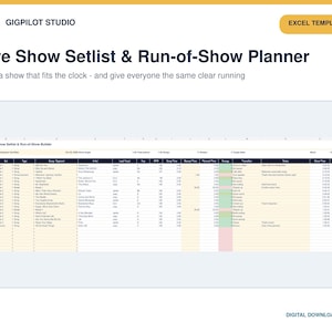 May include: A digital Excel template titled Live Show Setlist & Run-of-Show Planner by Gigpilot Studio. The spreadsheet features columns for event details, song segments, artists, BPM, timing, and energy levels, organized in a structured grid format.