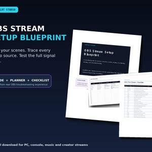 Op de afbeelding: Een digitaal document getiteld OBS STREAM SETUP BLUEPRINT met de tekst Plan your scenes. Trace every audio source. Test the full signal path. Bevat een gids, planner en checklist voor pc, console, muziek en creator streams.