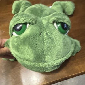 May include: A plush green frog toy with a soft, fuzzy texture. The stuffed animal features large, prominent eyes with dark pupils and bright green irises, a wide mouth, and two small ear-like protrusions on the top of its rounded head.