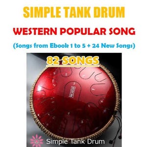 May include: A glossy red steel tongue drum with numbered metal tabs and a braided rope border. The text reads: SIMPLE TANK DRUM, WESTERN POPULAR SONG, Songs from Ebook 1 to 5 + 24 New Songs, 82 SONGS, and Simple Tank Drum.