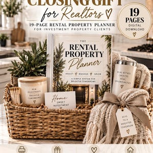 May include: A woven basket containing a 19-page rental property planner, a candle labelled New Investments Brighter Tomorrows, a mug with Real Estate Creates Real Opportunities, a card saying Home Sweet Investment, and a blanket with a tag Keys To A Brighter Tomorrow.