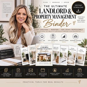 May include: A digital printable landlord and property management binder set featuring various document templates including move-in checklists, inspection forms, and email templates. The collection includes text headers like The Ultimate Landlord & Property Management Binder and icons for organization.