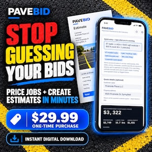 May include: A smartphone displaying the PaveBid pavement maintenance bid calculator app, showing a quick entry field for stalls, sealcoat, crack fill, and potholes, alongside a printed estimate document with the PaveBid logo and text.