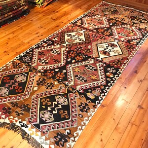 Turkish Rug 12'1"x4'9" Vintage Anatolian Kars Kilim Rug Oriental Handmade Natural Dyes Tribal Wool Eclectic Handwoven Bohemian GK117