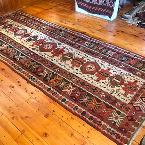 Turkish Rug 12'9"x5'0" Antique Kars Kagizman Anatolian Kilim Rug Oriental Handmade Natural Dyes Tribal Wool Eclectic Handwoven Bohemian GK80
