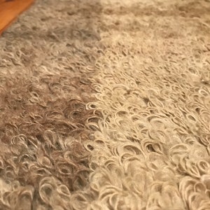 Puede incluir: Primer plano de una alfombra texturizada beige y marr&oacute;n. La alfombra tiene un pelo rizado y en bucle, creando una apariencia suave y afelpada. El degradado de color cambia de beige claro a marr&oacute;n m&aacute;s oscuro.