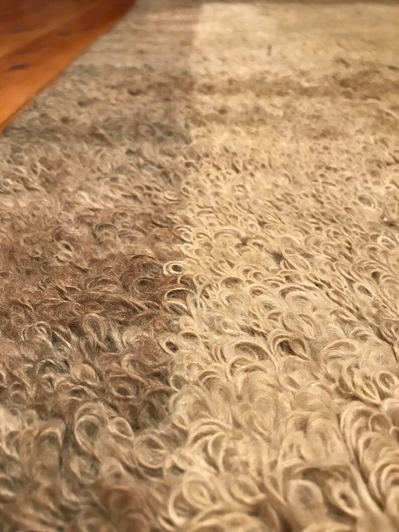 Puede incluir: Primer plano de una alfombra texturizada beige y marr&oacute;n. La alfombra tiene un pelo rizado y en bucle, creando una apariencia suave y afelpada. El degradado de color cambia de beige claro a marr&oacute;n m&aacute;s oscuro.