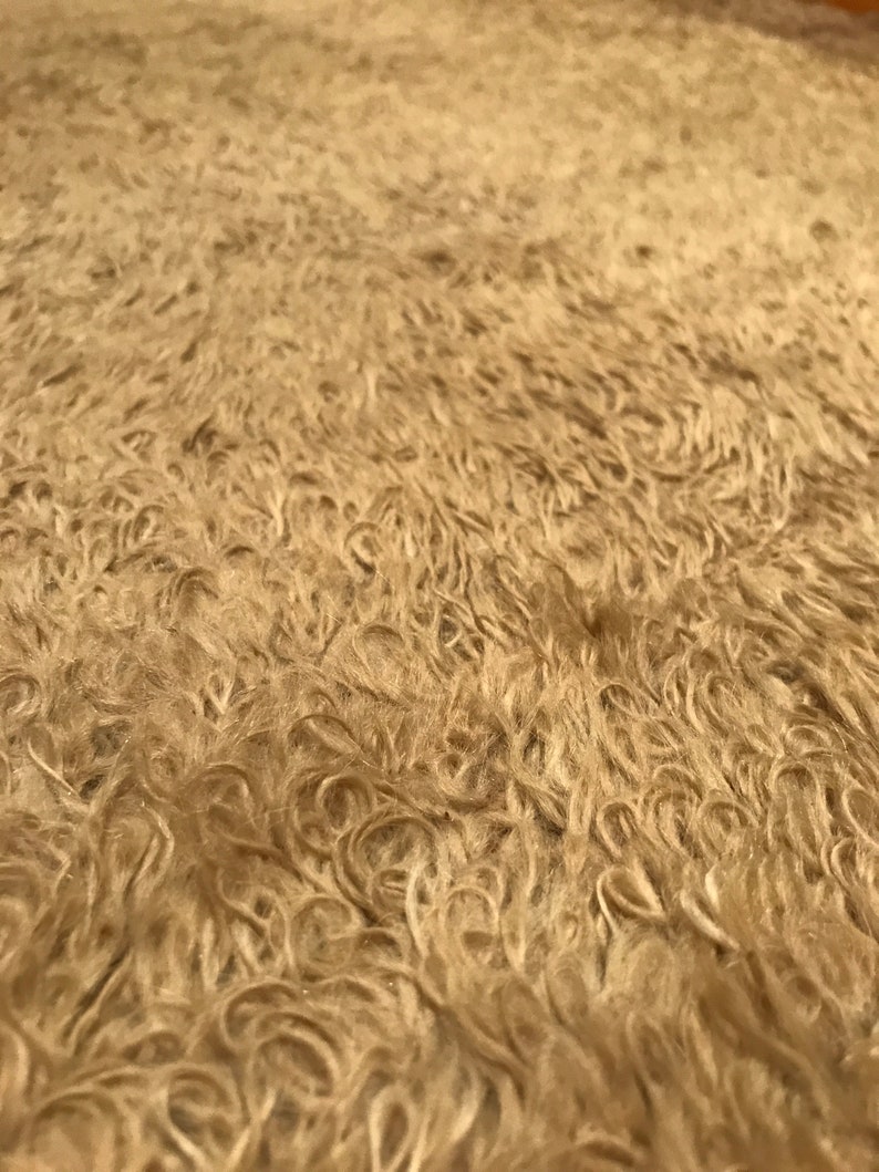 Puede incluir: Primer plano de una alfombra beige y peluda con una superficie rizada y texturizada. La alfombra tiene un aspecto suave y afelpado, con diferentes tonos de marr&oacute;n claro y beige. Las fibras est&aacute;n densamente empaquetadas, creando un aspecto c&aacute;lido y acogedor.