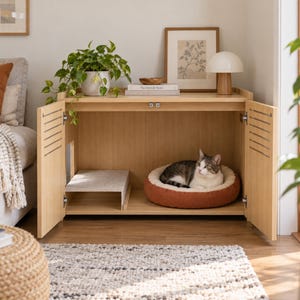 May include: A light wood cat house cabinet with two open doors featuring horizontal slats. Inside, a tabby cat rests in a round rust-colored bed next to a small elevated platform. The top surface holds a potted plant, books, and a lamp.