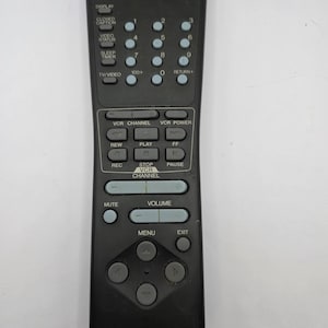 Op de afbeelding: Een zwarte JVC RM-C743(A) afstandsbediening met een numeriek toetsenblok, VCR-afspeelknoppen, volume- en kanaalknoppen, menunavigatietoetsen en een aan/uit-knop. Het apparaat bevat labels voor TV, CATV en diverse andere functie-instellingen.