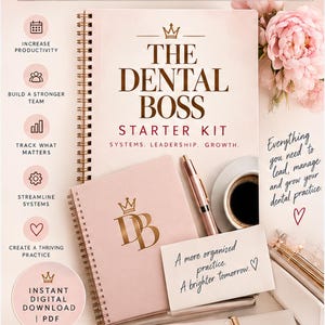 May include: A spiral-bound workbook titled The Dental Boss Starter Kit with a matching smaller notebook featuring a gold DB logo. The set includes a rose gold pen, a coffee cup, and a card with the text A more organized practice. A brighter tomorrow.
