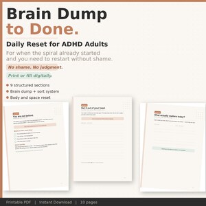 ADHD Daglig återställningssystem | Hjärndump till klart | Planerare för exekutiv dysfunktion | Sen diagnos arbetsbok för vuxna, utskrivbar PDF