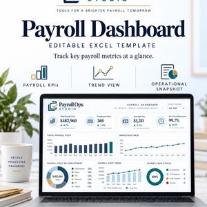 Puede incluir: Una pantalla de portátil que muestra una plantilla de Excel editable para un panel de control de nóminas. La interfaz presenta visualizaciones de datos que incluyen gráficos de barras, líneas y circulares para métricas de nómina, recuento de empleados y costes por departamento con el logotipo de Payroll Ops Studio.