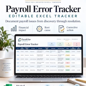 Può includere: Uno schermo di un computer portatile che mostra un foglio di calcolo Excel per il monitoraggio degli errori nelle buste paga con colonne per ID, data, gruppo di dipendenti, tipo di problema, descrizione, impatto finanziario e azioni correttive.