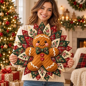 May include: A quilted gingerbread man wall hanging featuring a starburst design of layered fabric petals in red, green, and cream with holly and plaid patterns. The central gingerbread figure has a green bow tie and two red heart buttons.