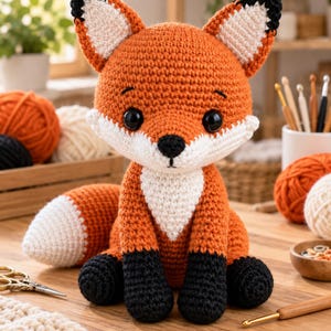 Könnte beinhalten: Ein gehäkeltes Fuchskuscheltier aus orangefarbenem, weißem und schwarzem Garn. Der Fuchs hat große schwarze Augen, eine schwarze Nase, spitze Ohren mit schwarzen Spitzen und einen buschigen Schwanz. Die Vorderpfoten und Unterbeine sind schwarz, Brust und Gesicht weiß.