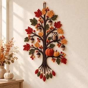 Peut inclure: Une décoration murale représentant un arbre en crochet aux branches marron foncé, orné de feuilles d'automne rouges, orange et jaunes, de petits glands, d'un hibou marron et de deux citrouilles orange et jaune, avec des feuilles suspendues.