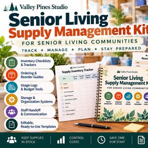 Könnte beinhalten: Ein Versorgungsmanagement-Set für Senioreneinrichtungen mit einem spiralgebundenen Handbuch, Inventarlisten, Nachbestellungs-Checklisten und Lagerleitfäden. Die Dokumente enthalten Texte wie Supply Inventory Tracker und Monthly Supply Review.