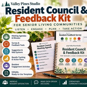 Könnte beinhalten: Ein Resident Council & Feedback Kit für Seniorenwohnanlagen von Valley Pines Studio, bestehend aus einem spiralgebundenen Handbuch, Tagesordnungen, Vorschlagsformularen und einem Feedback-Ergebnis-Tracker mit Diagrammen und Stift.
