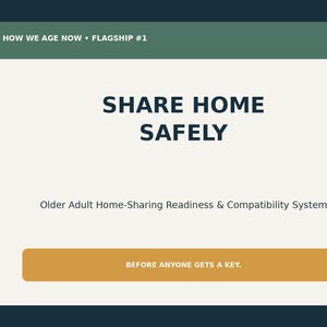 May include: A rectangular informational graphic with a dark green header reading HOW WE AGE NOW • FLAGSHIP #1. The cream-coloured centre displays the text SHARE HOME SAFELY and Older Adult Home-Sharing Readiness & Compatibility System, with a gold button labelled BEFORE ANYONE GETS A KEY.