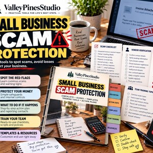 May include: A small business scam protection kit featuring a binder with checklists, guides, and templates. The set includes printed cards for vendor verification, a scam checklist, and sticky notes with reminders to verify, confirm, and stay safe.