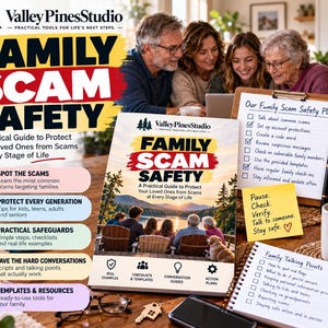 May include: A Family Scam Safety guide book with a cover showing a family by a lake. The scene includes a clipboard with a safety plan, a smartphone displaying a scam text, a mug with text, a notepad with talking points, and a yellow sticky note.