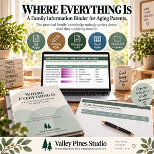 May include: A family information binder titled Where Everything Is, featuring 52 pages, fillable PDFs, and an Excel index. The set includes a laptop displaying a data spreadsheet, a printed snapshot form, a black pen, and a mug with Good Things Ahead text.