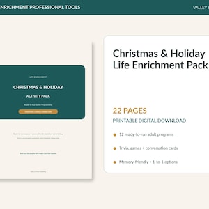 May include: A digital download titled Christmas & Holiday Life Enrichment Pack featuring 22 pages of printable content. The pack includes 12 ready-to-run adult programs, trivia, games, conversation cards, and memory-friendly options for senior programming.