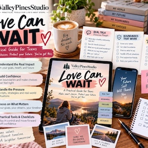 May include: A collection of educational materials titled Love Can Wait, including a digital tablet, a smartphone, printed cards, a notebook, and a mug. The items feature text about teen guidance, goal setting, and healthy boundaries with a mountain landscape.