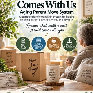 Op de afbeelding: Een digitaal product getiteld What Matters Comes With Us Aging Parent Move System, met 90 pagina's, een Excel-opdrachtencentrum, invulbare en printbare documenten en directe download. Het ontwerp bevat tekst, hartjes en het Valley & Pines Studio logo.
