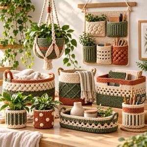 May include: A collection of crocheted home decor items including a hanging plant holder, a wall organiser with pockets, several storage baskets in various shapes, two small plant pots, a rectangular tray, and a cylindrical utensil holder.