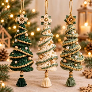 Könnte beinhalten: Drei gehäkelte Weihnachtsbaum-Ornamente mit Spiralmuster. Die Bäume sind dunkelgrün, cremefarben und salbeigrün und mit weißen Perlen, Goldperlen und einer gehäkelten Blume an der Spitze verziert. Jedes Ornament hat eine Aufhängeschlaufe und eine Quaste.