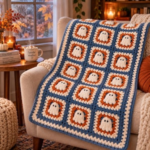 Könnte beinhalten: Eine Häkeldecke mit einem sich wiederholenden Muster aus weißen Geistermotiven, die in orangefarbenen und blauen Quadraten zentriert sind. Die Decke besteht aus einzelnen Quadraten, die mit blauem Garn verbunden sind und eine Gitterstruktur bilden.