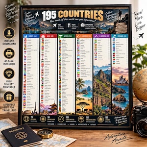 Pode incluir: Um cartaz de lista de viagens emoldurado intitulado 195 COUNTRIES, apresentando uma lista de nações organizadas por continente com pequenas bandeiras e caixas de seleção. O design inclui imagens de paisagens e ícones de viagem.