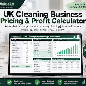 以下が含まれることがあります： ToolsyWorks UK Cleaning Business Pricing & Profit Calculatorソフトウェアを表示するノートパソコンの画面。インターフェースには、見積もり作成ツール、利益の内訳、月間利益の棒グラフ、ポンド単位の財務データを含むジョブログが表示されています。