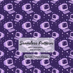 May include: A seamless digital pattern featuring repeating light purple vintage computer monitors and keyboards on a dark purple background with small white stars and hearts. Text overlay reads: Seamless Pattern, 4000 x 4000 pixels, PNG (300 DPI), By Edeb Pattern Design.