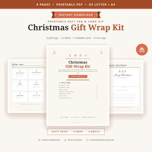 May include: A printable Christmas gift wrap kit featuring 8 pages of gift tags, labels, and foldable cards in a PDF format. The kit includes 12 gift tags, 12 labels, 2 foldable cards, and 9 mini tags, designed for US Letter and A4 paper sizes.